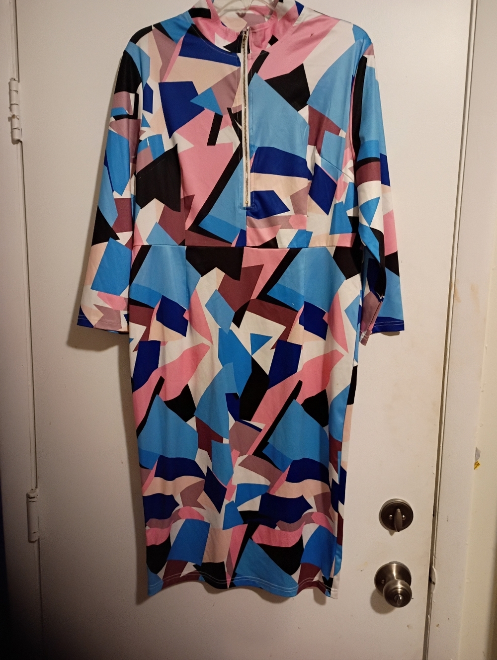 Abstract Print Midi Dress in Blue & Pink
